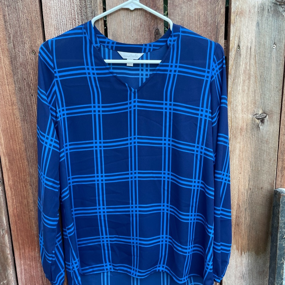 Charming Charlie Blue Window Pane Blouse Size Small